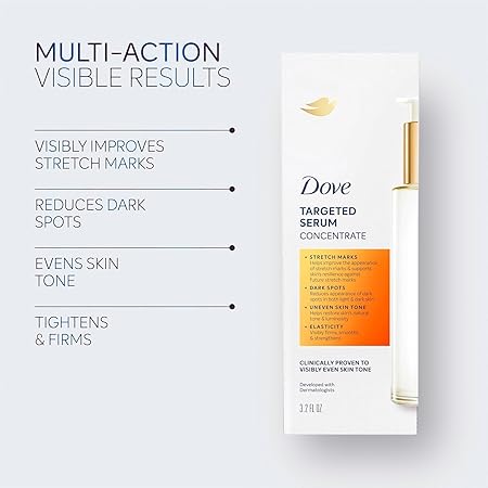 Dove Targeted Serum Multipurpose for Stretch Marks, Dark Spots, Uneven Skin Tone and Elasticity,with Tone Balance Complex, Niacinamide, Collagen Peptides and Natural Moisturizing Factors, 3.2 oz