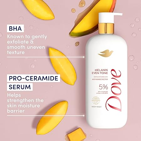 Dove Exfoliating Body Wash Melanin Even Tone Promotes Even Skin Tone 5% pro-ceramide serum with BHA 18.5 oz